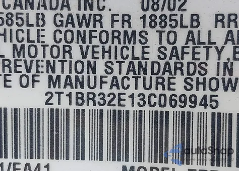 2003 Toyota Corolla Le из США, поврежденный, VIN 2T1BR32E13C069945